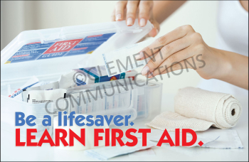 "Be a Lifesaver" First Aid Banner promoting quick action and awareness of emergency first aid procedures.