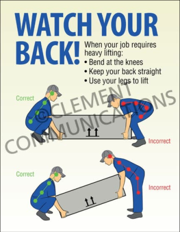 Industrial warehouse and material handling safety poster titled "Watch Your Back!" highlighting correct ergonomic lifting techniques.