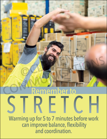 A smiling warehouse worker in a yellow safety vest stretching his arms over his head in a warehouse setting, with text highlighting the benefits of warming up before work.