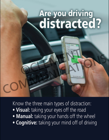 "Are You Driving Distracted?" fleet safety poster from Clement, detailing the three main types of distractions: visual, manual, and cognitive.