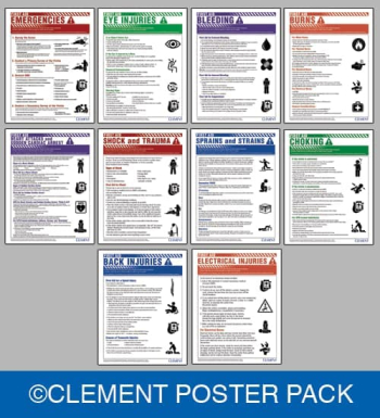 A bundle of first aid safety posters featuring step-by-step emergency response instructions for CPR, choking, bleeding, and common workplace injuries.