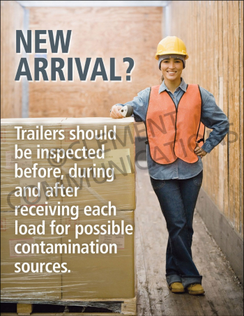 "New Arrival" safety poster from Clement, highlighting the procedure for inspecting trailers for contamination before, during, and after receiving.