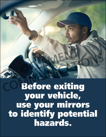 Before Exiting Your Vehicle Safety Poster displaying critical step-by-step procedures for commercial drivers to secure vehicles safely.
