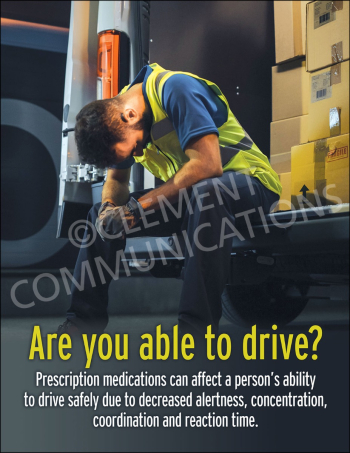 A delivery worker wearing a high-visibility safety vest sits slumped over on the back of a box truck next to cardboard boxes, below the text "Are you able to drive? Prescription medications can affect a person's ability to drive safely...