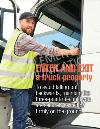 A truck safety poster featuring a male driver in a high-visibility vest and cap entering a white semi-truck cab while demonstrating the three-point contact rule.