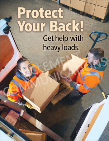 Safety poster titled "Protect Your Back! Get help with heavy loads." showing two workers wearing high-visibility jackets team-lifting a heavy cardboard box into a delivery van.