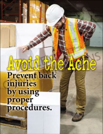 Back Safety - Ache safety poster featuring the message "Avoid the ache. Prevent back injuries by using proper procedures" to promote workplace safety.