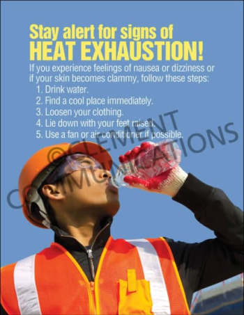 Occupational health and safety poster titled "Stay alert for signs of Heat Exhaustion!" detailing critical symptoms and emergency first-aid protocols.