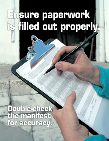 A close-up of a worker's hands using a pen to fill out a shipping manifest on a clipboard with the text "Ensure paperwork is filled out properly."