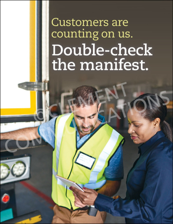A logistics poster showing two warehouse employees in safety gear reviewing a manifest on a digital tablet next to an open delivery truck.