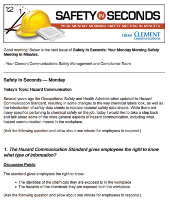 Safety in Seconds weekly safety meeting script delivered digitally to help managers lead quick 5-minute safety huddles.