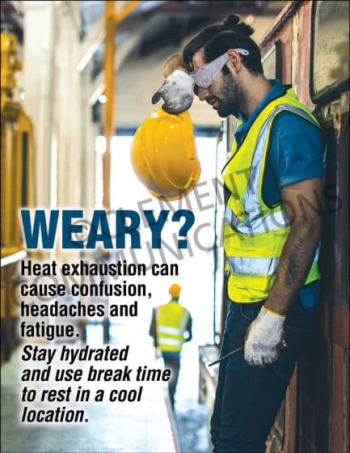 Workplace safety poster titled "Weary?" addressing the dangers of employee fatigue and providing tips for maintaining alertness and mental focus at work.