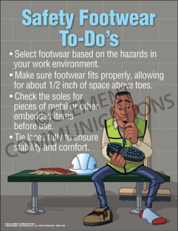 "Safety Footwear To-Do's" safety poster from Clement, providing guidance on selecting the right protective footwear for work hazards.