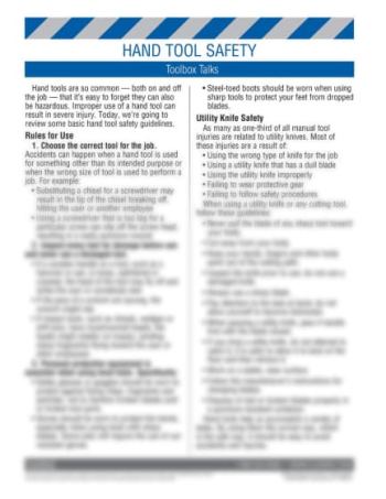 "Tool Safety - Hand Tools" toolbox talk training sheet from Clement, featuring safety meeting points and a comprehension quiz.