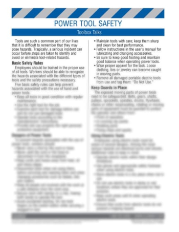 Toolbox talk safety training handout titled "Tool Safety - Power Tools" featuring an instructional safety lesson plan on one side and a matching quiz on the reverse.
