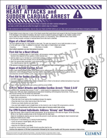 First Aid - Heart Attacks and Sudden Cardiac Arrest safety poster explaining the differences between heart blockages and arrhythmias with response steps.