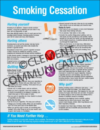 Smoking Cessation health and wellness poster detailing the risks of nicotine addiction and the life-threatening impact of smoking-related illnesses.