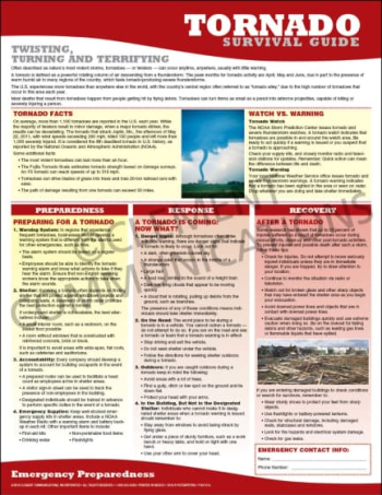 Tornado Survival Guide Emergency Preparedness Poster outlining workplace safety steps for preparedness, response, and recovery.