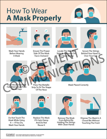 "How to Wear A Mask Properly" health safety poster from Clement, providing instructions on snug mask fit and hand hygiene to prevent illness.