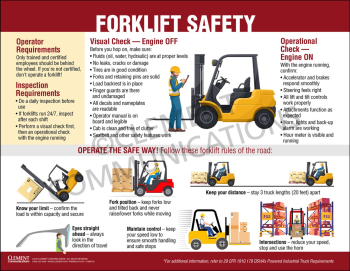 Industrial forklift safety infographic poster titled "Forklift Safety" highlighting stability rules, load handling, and pedestrian safety guidelines.