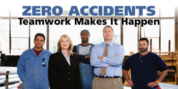 Large-format industrial safety banner featuring bold graphics and motivating text stating "Zero Accidents - Teamwork Makes It Happen".