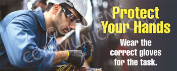 High-impact banner promoting hand safety in the workplace to prevent injuries and lost time.