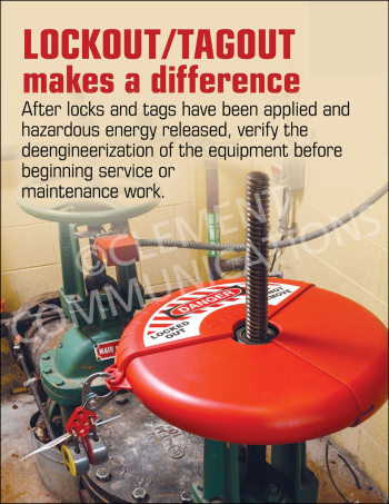 LOTO Makes a Difference safety poster reminding workers to verify equipment de-energization before starting maintenance or service.