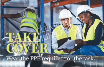 "Take Cover" banner emphasizing essential PPE use for protection from all potential workplace hazards.