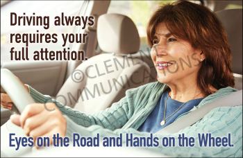 Eyes on the Road and Hands on the Wheel driving safety banner emphasizing the importance of full attention while operating a vehicle.