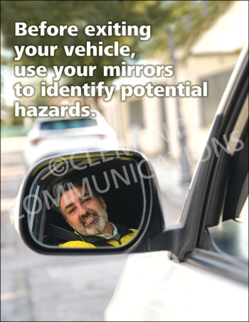 Vehicle safety poster showing a driver's reflection in a side-view mirror with text reading "Before exiting your vehicle, use your mirrors to identify potential hazards."