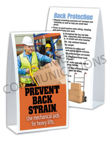 Back Safety Table-top Tent Card featuring a mechanical aid lifting a heavy load with safety tips for preventing back strain.