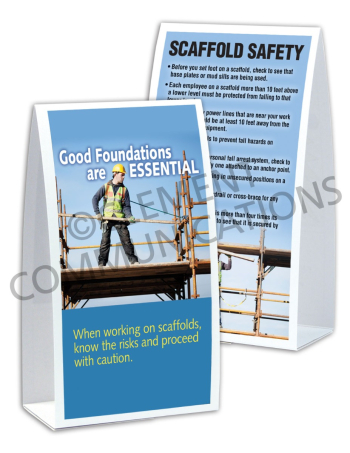 Construction safety table-top tent card titled "Scaffolding Safety" featuring a mini safety poster on one side and actionable safety tips on the reverse.