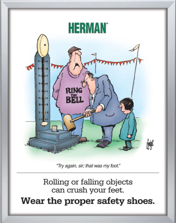 Herman cartoon workplace poster program sample featuring nationally syndicated humor targeting absenteeism, communication, and workplace safety.