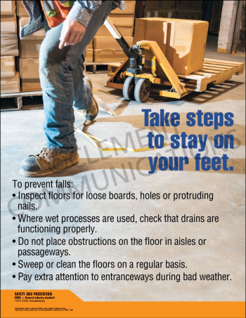 Industrial fall prevention safety poster titled "Take steps to stay on your feet." outlining floor maintenance, drainage checks, and housekeeping steps.