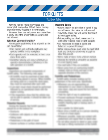 "Warehouse Safety - Forklifts" toolbox talk training sheet from Clement, featuring safety meeting points and a comprehension quiz.