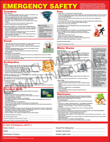 Industrial emergency response poster detailing step-by-step crisis action plans for fires, chemical spills, floods, and severe weather.