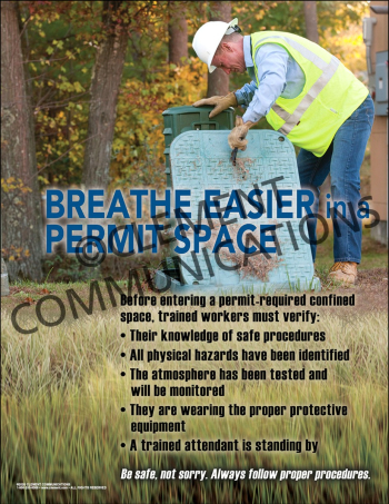 Industrial confined space safety poster titled "Breathe easier in a permit space." detailing pre-entry checklist requirements for atmospheric testing and safety attendants.
