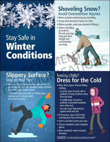 Stay Safe in Winter Conditions Infographic Poster featuring tips on snow shoveling safety, preventing slips on ice, and proper cold-weather clothing.