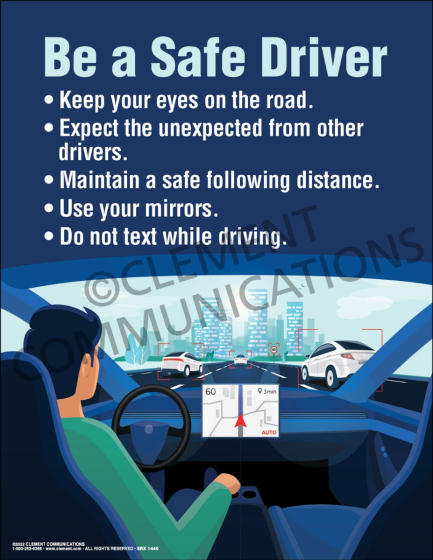 Illustration of a focused driver with eyes on the road and hands on the wheel, displaying key rules of safe driving