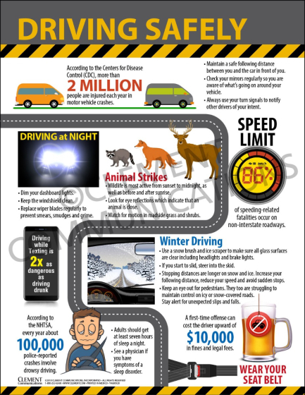 Comprehensive Driving Safely educational guide covering road hazards, night driving, winter weather, and avoiding phone use